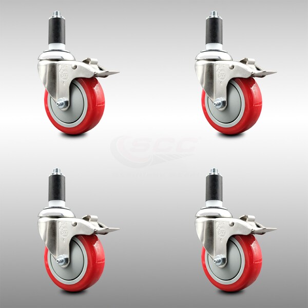 Service Caster 4 Inch 316SS Red Poly Swivel 1-1/4 Inch Expanding Stem Caster Set Lock Brake SCC-SS316TTLEX20S414-PPUB-RED-114-4 - main